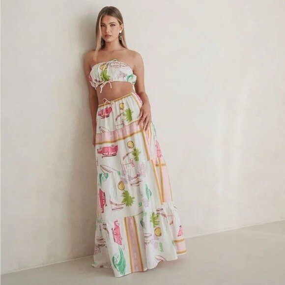 🌴 SABO Aviva Linen Cotton Scarf Calypso Print Maxi Skirt Set Surf Beach Scene